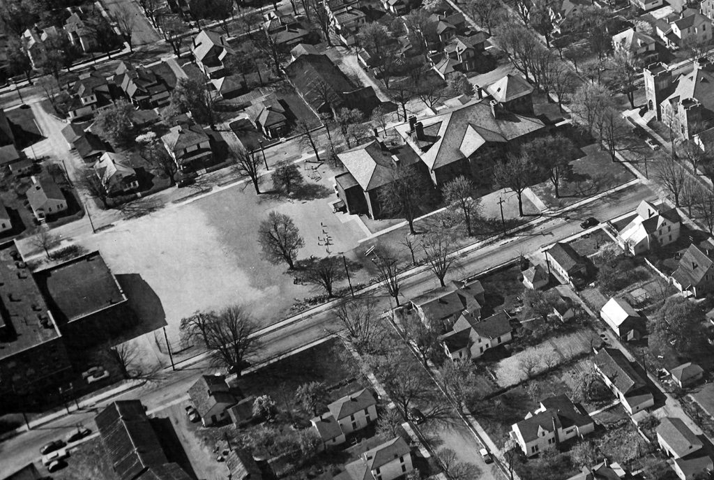 black and white aerial photo of schools