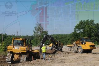 Zoning / Planning. Photo of construction site with drawn zoning map.
